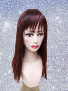 Wig Cosplay pirang segi lurus coklat kehitaman poni sebahu merk Anna Korea