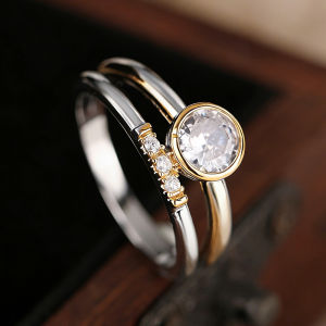 Huitan Simple Style Women Two Tone Ring Inlaid Sparkling Round Cubic Zirconia Trendy Accessories Vintage Party Versatile Jewelry
