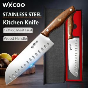 WXCOO Stainless Steel Kitchen Knife Professional Japanese Knife Fruit Peeler Santoku Fish Slicing Knifes Ergonomic Wood Handle