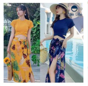 ชุดว่ายน้ำหญิงทูพีส พร้อมผ้าคลุม สวยเก๋ได้ 3 ชิ้น เสื้อ+กระโปรง+กางเกง ลายดอกทานตะวัน