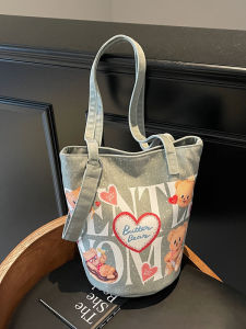 Cute Illustration Bucket Handbag Lunch Bag Canvas Tote Bag for Mommy Going to Work Childrens Graffiti Soft Shoulder Bag