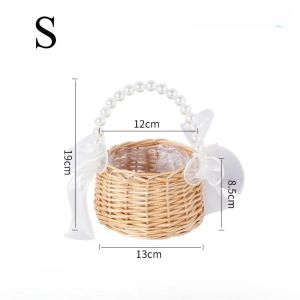 One wicker rattan flower child Basket with Pearl handle and bow Hand woven Easter basket Wicker basket for Weddings (brown)