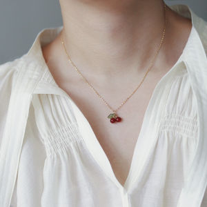 Red agate cherry handmade necklace that never fades collarbone chain 18K gold titanium steel plated fashionable necklace for men women
