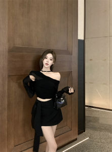 GUZILIAN | Fashionable Spicy Girl Style Two-Piece Set Womens Long Sleeve Shoulder Bared Belted Mini Skirt Outfit Autumn New Arrival