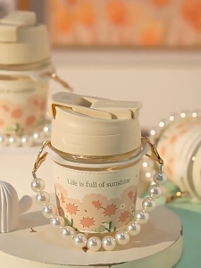 Fashion Double Drink Cup with Dainty Pearl Hand Chain Flask Romantic Flower Pattern Coffee Mug with Colorful Leakproof Lid Glass Straw Cup