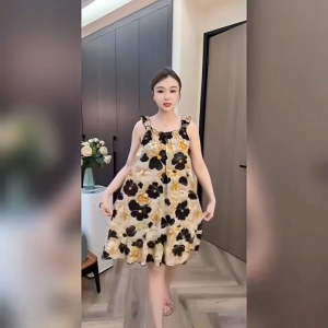 Plus Size Highly Elastic Sleeveless Ice Silk Mini Dress Floral Print Sundress Loose Comfortable 2355