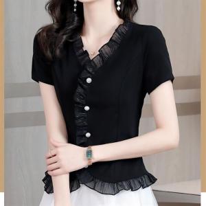 Áo Thun Nữ Tay Ngắn Cổ Chữ V Ôm Vừa Vặn Mùa Hè Mới Về Áo Chui Đầu Cổ Chữ V Cạp Cao Thời Trang Trẻ Trung