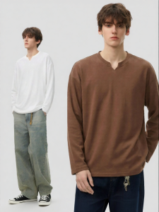 JEENSYIU | Áo Thun Dài Tay Form Rộng Cổ V Màu Đậu Phộng Bông Cotton Mỹ Dày
