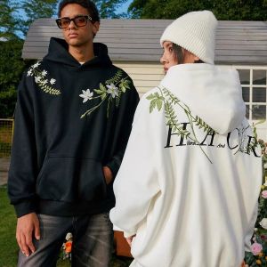 เสื้อสเวตเตอร์คอกลมแขนยาวผ้าฝ้ายผสมขนแกะปักลายดอกไม้สำหรับฤดูใบไม้ร่วงและฤดูหนาว ทรงหลวม อบอุ่น สำหรับผู้ชายและผู้หญิง