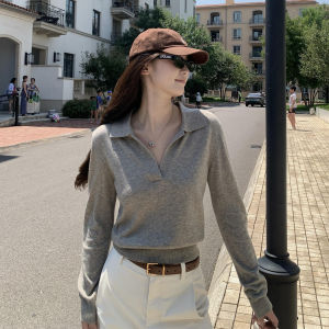 YUANYA | Old Money Style Grey Polo Neck V-Neck Knitwear