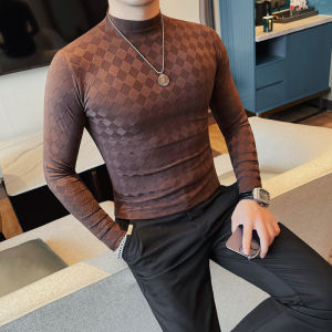 Casual Long Sleeve Half High Collar Slim Fit Mens T-Shirt Breathable Youth Fashion Urban Style Geometric Print for Autumn