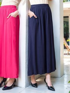 Spring and Summer Cotton Silk Middle-Aged and Elderly Womens Pants Mothers Cropped Pants Wide Leg Pants Loose Swing Pants Drape Dancing Loose Pants