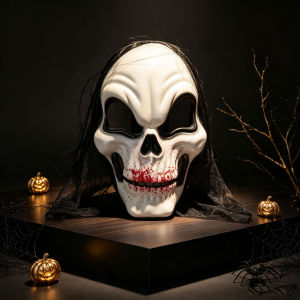 Halloween Horror Skeleton Mask Eco‑Plastic With Black Wig Mesh Hood Bloody Print Full Face Mask for Adult Masquerade Ghost Theme