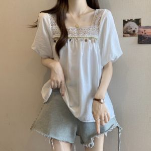 Light Blue Bubble Sleeve Square Collar Chiffon Shirt Women Summer plus Size Cute Doll Top Korean Style Loose Fit Short Sleeve