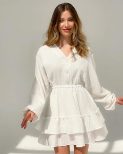 Váy Dài Tay Cổ Chữ V Màu Trơn Mùa Hè Thanh Lịch Cho Nữ Váy Chữ a Cạp Chun Tay Lỡ Chất Liệu Khác Váy Ngắn