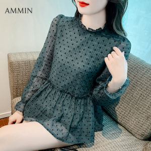 เสื้อเบลาส์แขนยาวพิมพ์ลายวินเทจลายจุด 2023 หน้าๆ สไตล์เกาหลี