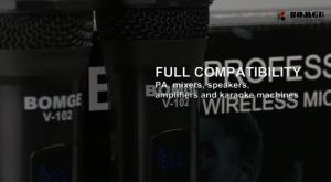 BOMGE V102ระบบไมโครโฟนไร้สายแบบพกพาสองช่องสัญญาณ  ประกอบด้วยเครื่องรับและไมโครโฟนไร้สายแบบพกพาสองตัว เครื่องส่งสัญญาณแบบไดนามิก ซึ่งสามารถใช้งานเครื่องได้ทั้งในร่มและกลางแจ้ง เช่น ในห้องเรียนของโรงเรียน โบสถ์ หรือที่บ้านเพื่อใช้ส่วนตัว