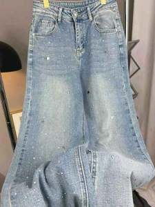 กางเกงยีนส์ทรงตรงเอวสูงประดับคริสตัล กางเกงขายาวทรงหลวมสำหรับผู้หญิงในช่วงฤดูใบไม้ผลิและฤดูใบไม้ร่วง กางเกงยีนส์ทรงหลวมสำหรับผู้หญิง