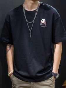 Loose American Style T-Shirt with Panda Print round Neck Short Sleeve High Quality Fashionable Casual Cotton Top for Youth