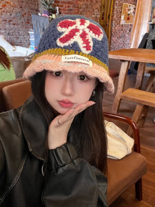 Retro บล็อกสีถักดอกไม้หมวกชาวประมง ผู้หญิง หวาน Handmade ด้ายขนสัตว์อ่างล้างหน้า ฤดูใบไม้ร่วง ฤดูหนาว สไตล์ใหม่แฟชั่นอุปกรณ์เสริม