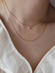 สร้อยคอแบบซ้อนชั้นสองด้านประดับเพชรเทียมสีทอง 18K ไม่ซีดจาง โซ่กระดูกไหปลาร้า ประดับกับอัญมณีหลากสี สไตล์เกาหลี