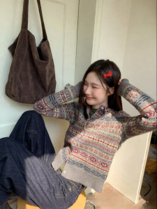 NIHAOKANONG | Áo Len Thêu Fair Isle Cổ Xếp Mùa Xuân Thu