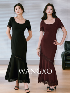 WANGXO | Đầm eo nơ cao co giãn ren dày đính ghép họa tiết openwork cổ U rộng đuôi cá