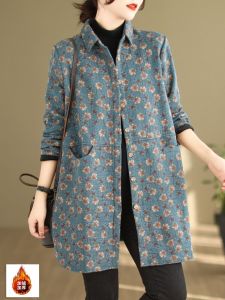 Retro Floral Printed Fleece Lined Thickened Shirt Jacket Large Size Womens Stylish Polo Collar Versatile Mid-Length Open Cardigan