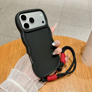 Wavy Soft Silicone Lanyard Phone Case for iPhone 16 17 18 Pro Max 17Pro 15 14 13 Solid Color Matte Back Cover with Wrist Strap