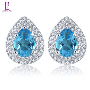 Lohaspie Jewelry Natural Blue Topaz Silver Stud Earring 2.46 Carats Genuine Gemstone Pear Shape Classic Design Women Daily S925 Jewelrys