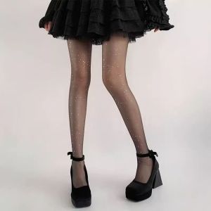 【♡Lovely girls house♡】ถุงน่องประดับพลอยเทียม Y2K สำหรับผู้หญิงถุงน่องถุงน่องแบบบางสีดำติดเพชรสุดเซ็กซี่สำหรับปาร์ตี้