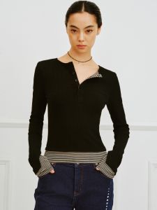 IFIK Henley Knitwear Striped Patchwork Color Block V-Neck Long Sleeve Cotton Commute Style Regular Length Womens Top