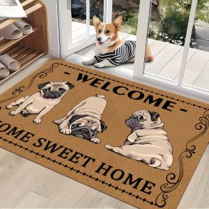 Cute Pug Welcome Home Doormat Spring Summer Outdoor Theme Fade-Resistant Soft Comfort Mat Suitable for Indoor Outdoor Home Decor