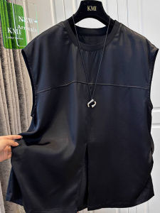 BINKAFENNY | Plus Size Womens Black Round Neck Slit Sleeveless T-Shirt Summer Slimming Loose Top Comfortable Korean Style Solid Color