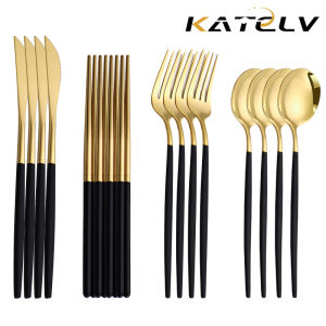 12-16 Pcs Korean Dinnerware Set Black Gold Cutlery Set Chopsticks Knife Fork Spoon Golden Stainless Steel Luxury Tableware Set