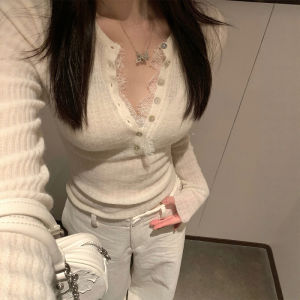 DUOFEIYAN | Black Lace V-Neck Long Sleeve Knit Sweater for Women Autumn Winter