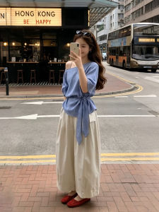 XUECAIQI | Plaid Off-shoulder Waist Tied Short Sleeve Shirt and Loose Culotte Suit