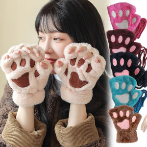Women Fashion Cat Claw Paw Plush Mittens Warm Soft Plush Short Fingerless Half Finger Winter Gloves