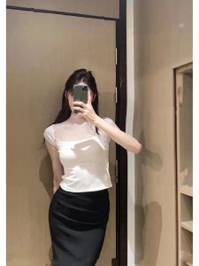 Chic Mesh Splice Short Sleeve Slim Fit T-Shirt Women Summer Slimming French Sweet And Spicy Fishbone Special Short Top