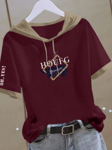 Pure Cotton Hooded Short Sleeve T-Shirt Womens Loose All-Matching Summer Wear New Patchwork Contrast Color Stylish Niche Style Western Style Top