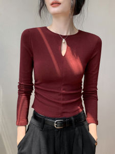 GEBEISHANG | Hollow Design Round Neck Long Sleeve T-shirt Autumn Slim Fit Inner Fleece Inner Layer Top