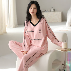miiow | Pure Cotton Sleepwear Set Women Loose Long Sleeve Turn-down Collar Home Clothes Comfortable Soft Cotton Polyester Blend