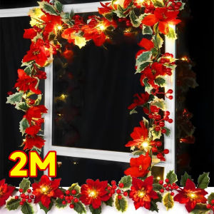2M Artificial Christmas Holly Berry Vine Big Flower Green Plants Vine Garland with Red Berry Hanging Rattan Wall Door Home Christmas Decoration