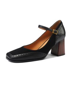 Rubywu Black Mary Janes ส้นสูงหัวเหลี่ยมสไตล์ฝรั่งเศสสำหรับผู้หญิง รองเท้าส้นเดี่ยวแบบสวมสบาย ทรงหัวเหลี่ยม ทรงหัวมน รองเท้าแฟชั่นฤดูร้อน