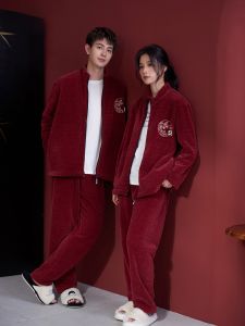 Couples Fleece Lined Coral Velvet Sleepwear Thickened Integrated Design Home Clothes for Men And Women Winter Warm Pajamas