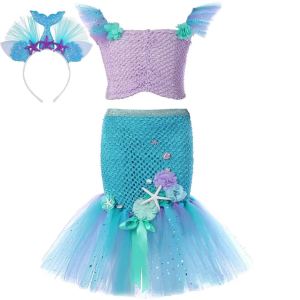 Mermaid Tutu Outfit Set Top + Tulle Midi Skirt Girls Birthday Clothes Long Princess-Style Tutu Performance Outfit Set