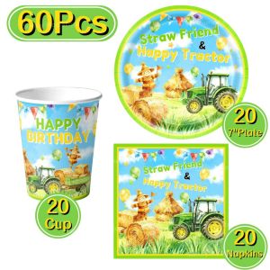 Hasbro | 60Pcs Farm Tractor Kids Birthday Disposable Tableware Set Paper Plates Cups Napkins Strawman Themed Boys Farm Party Supplies