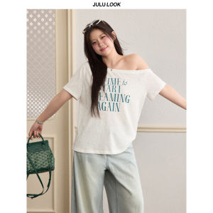 JULULOOK | Plus Size Loose Letter Print Off Shoulder T-Shirt