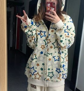 B124  เสื้อแขนยาว มีฮู้ด ซิปหน้า Oversize (อก 50 นิ้ว) พิมพ์ลายดาวทั้งตัว มีกระเป๋าข้าง ผ้าคอตตอล เนื้อผ้าดี ผ้าไม่ยืด สินค้าพร้อมส่ง