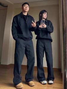 American Vintage Mens Workwear Pants Straight Leg Loose Fit Heavy Duty Logging Black Washed Casual Trousers for Commuting